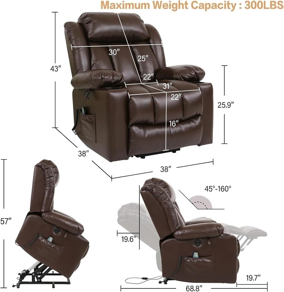 Electric Lift Chair Recliner with Heat and Massage Breathable Leather Power Standing Assist Reclining Sofa for Elderly Limited Mobility Cup Holders Comfortable Living Room Chair