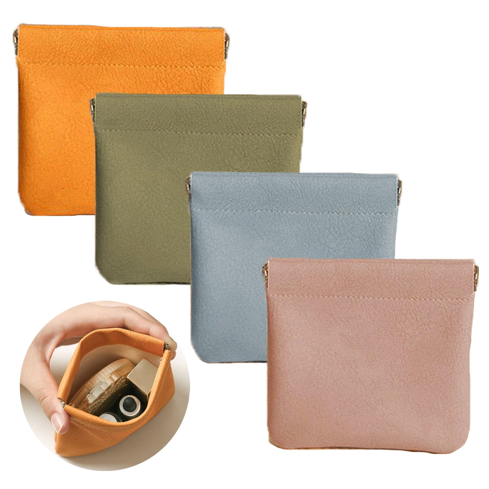 BSITSSS 4 Piezas Piel Neceser Maquillaje de Bolsillo, Mini Bolsa de Cosméticos Portátil sin Cremallera, con Cierre Automático Estuche Maquillaje, Pequeña Makeup Bag para Auriculares Cosméticos Joyas