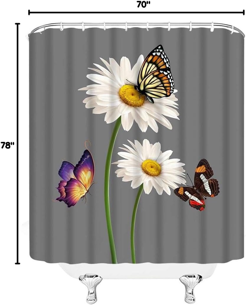 Rustic Daisy Shower Curtain Farmhouse White Daisy Flower Butterfly Gray Background Farm Spring Flower Nature Botanical Retro Countryside Bathroom Decor Fabric Curtain with Hooks