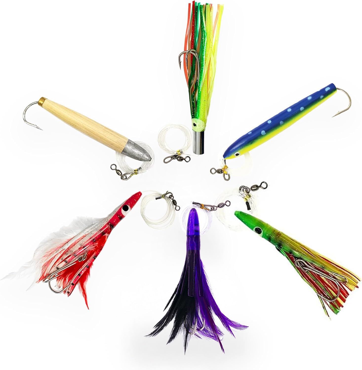 Tuna Lure Combo Set, 6 Pcs Cedar Plugs, Tuna Clone Feathers & Jet Head Lures, for Saltwater Trolling, Includes Lure Bag, Ideal for Offshore Game Fishing