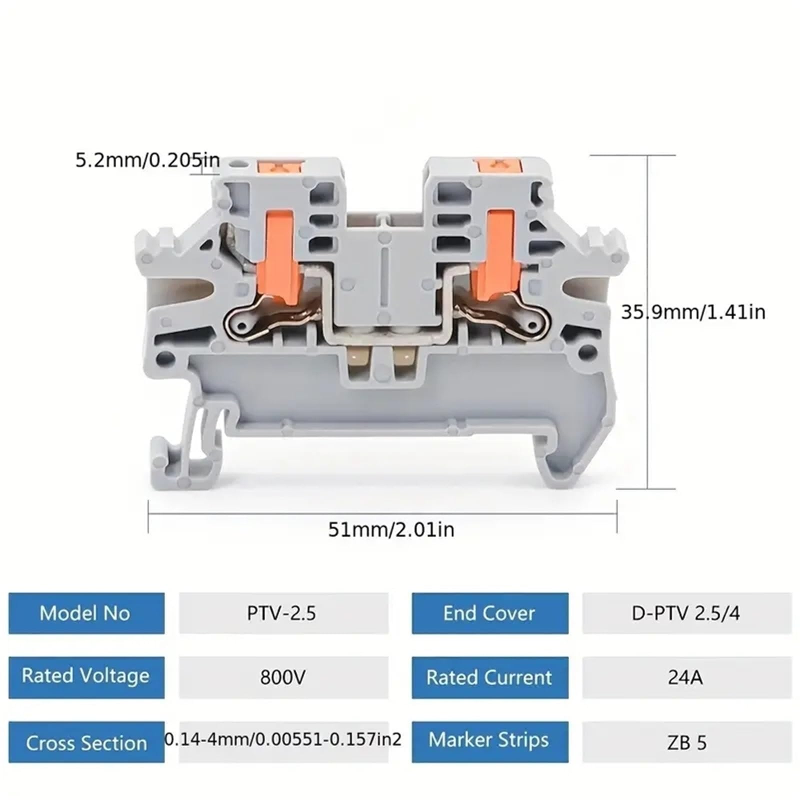 DIN-Schienen-Twin-Feder-Push-In-Klemmensteckverbinder der PT-Serie, 20 Stk