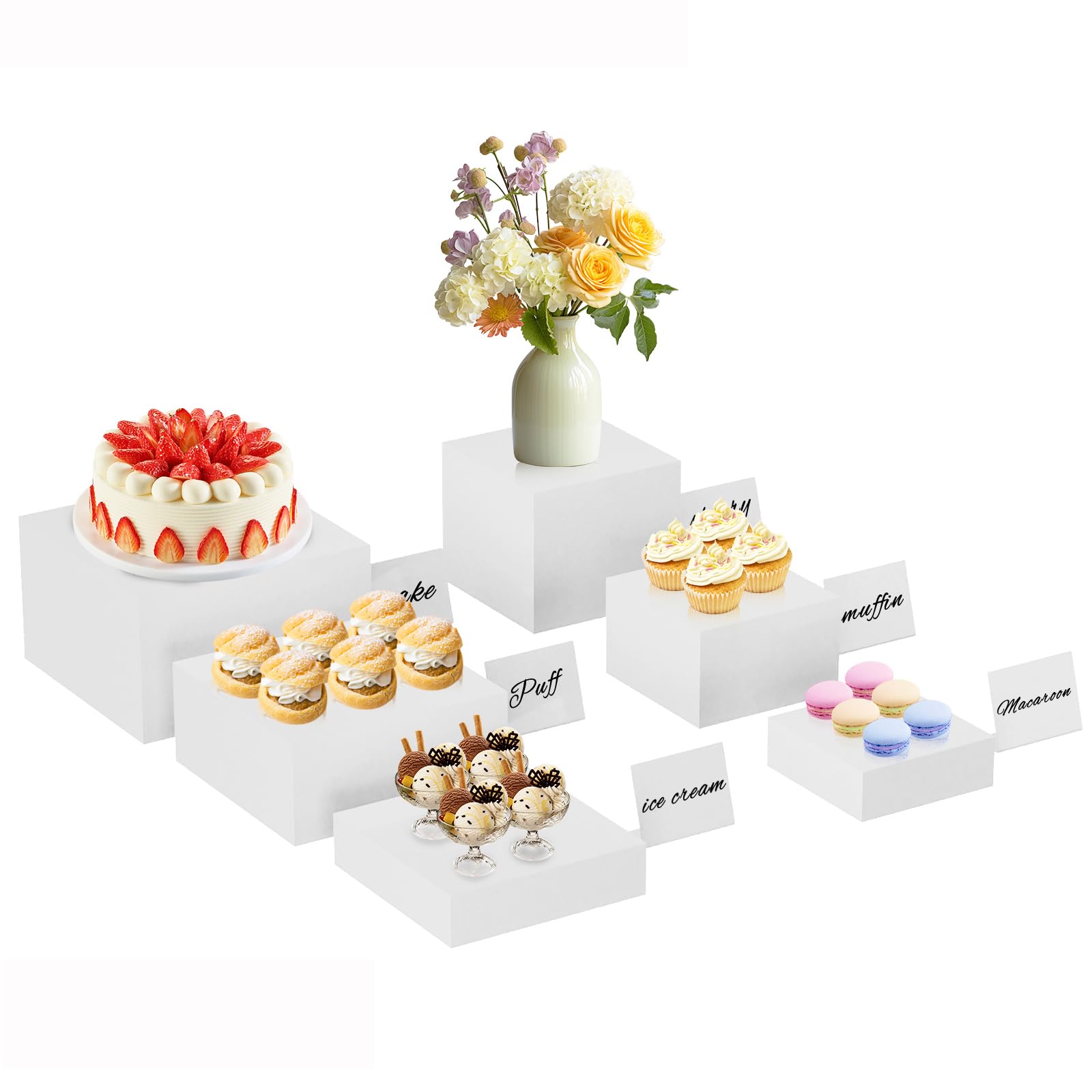 Lot de 6 rehausseurs de buffet en acrylique avec mini panneaux de buffet - Présentoir de table - Différentes tailles - Présentoir alimentaire pour figurines de collection