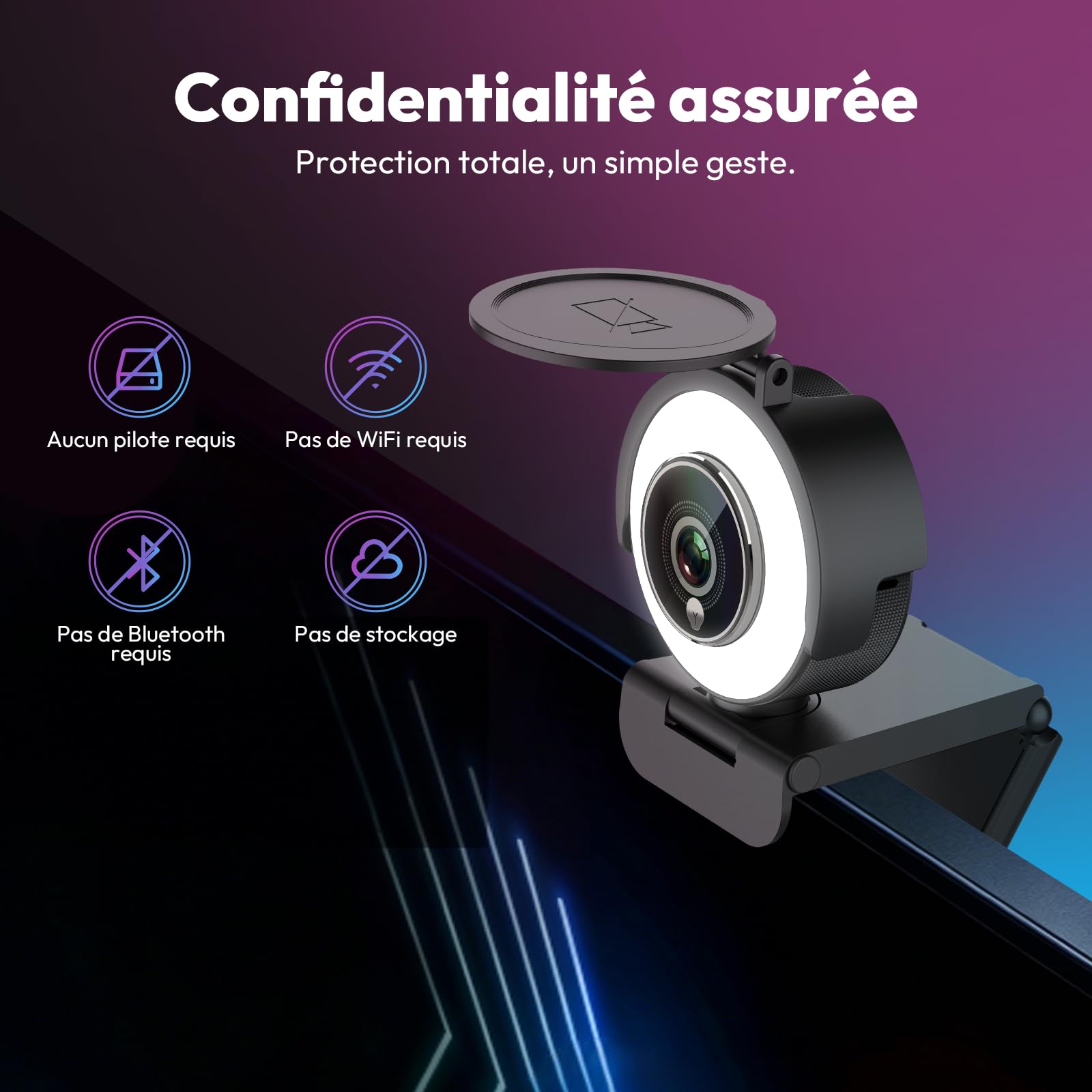 Webcam Angetube 4K avec lumière, caméra PC avec deux microphones, 1080P@60FPS pour un streaming fluide, USB-A/C, autofocus PDAF, plug&play, avec couverture de webcam, compatible avec Zoom/Teams/Laptop