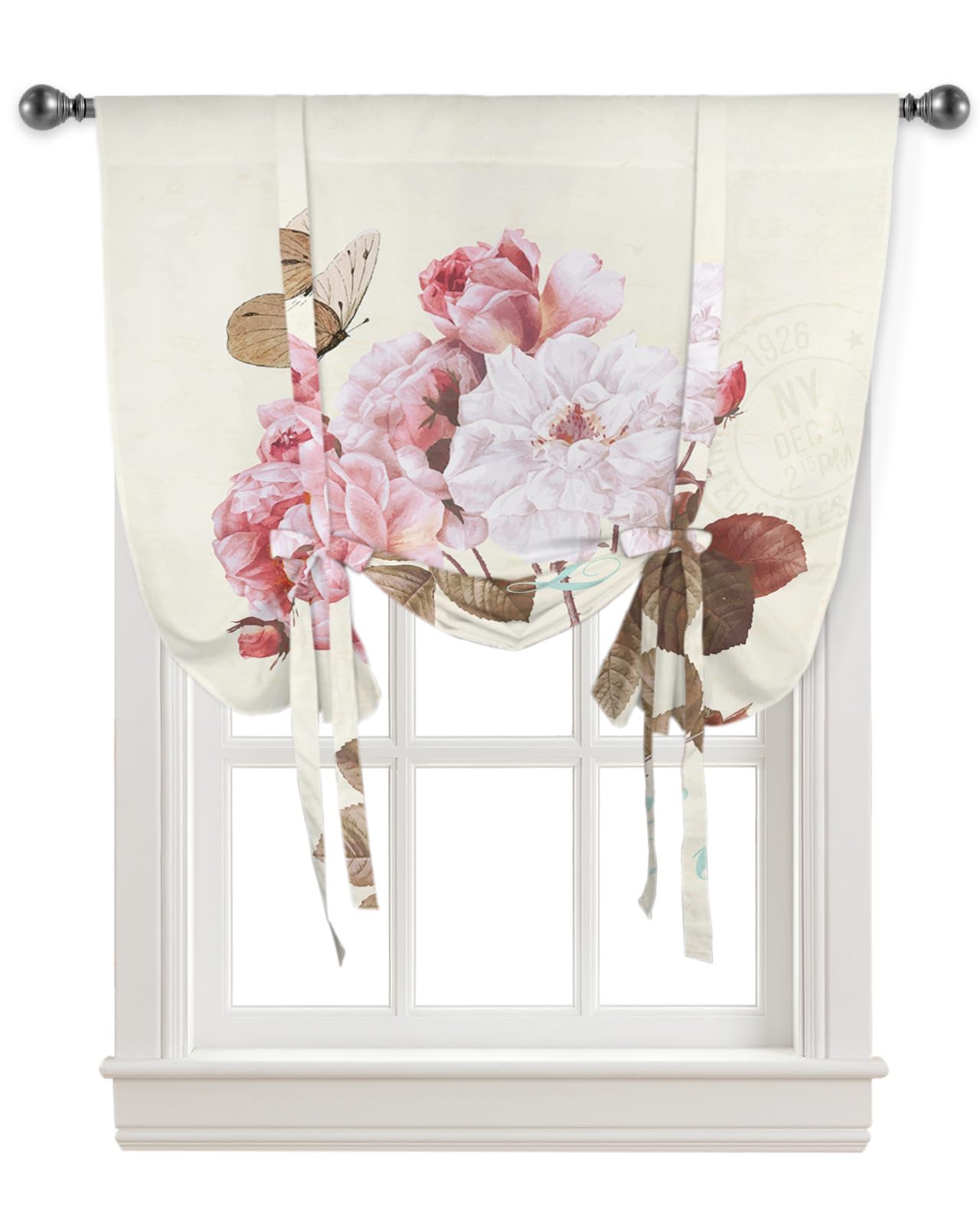 Yukro Tie Up Curtains Window Shades, Vintage Flowers Butterfly Pattern Love Rod Pocket Tie Up Window Shade, Adjustable Balloon Curtain Shade for Blinds Kitchen Bathroom, 1 Panel, 46