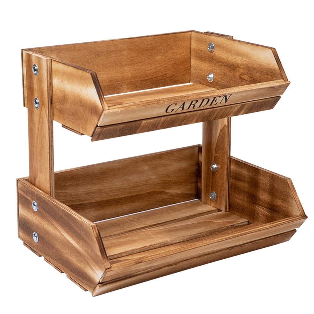 Casstaly Brown 2-Tier Wooden Fruit Basket,Multipurpose Kitchen Storage For Vegetables, Bread, Style Food Container