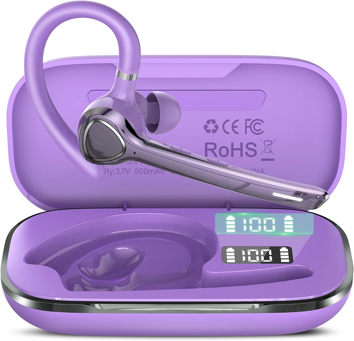 Bluetooth Headset, Wireless Bluetooth Earpiece V5.4, 90H Talktime Single-Ear Headphone with Mute Button , Dual Mic Noise Canceling Hands-Free Earphones for Computer Cell Phones Trucker Work, Purple