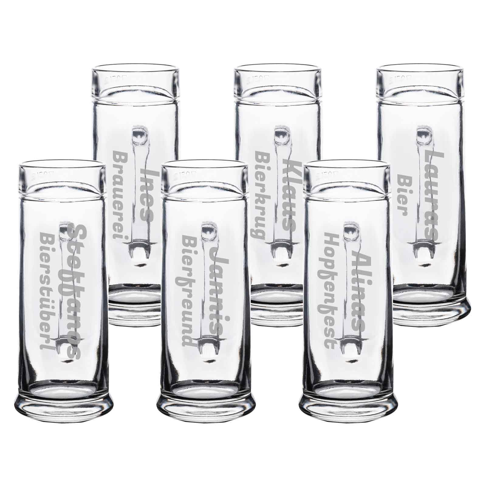 Bierkrug mit Gravur, Name vertikal, 0,5 l, 6 Stück | Personalisiertes Henkelkrug mit 2-zeilige-Namensgravur, Geschenk für Bierliebhaber, Spülmaschinenfest