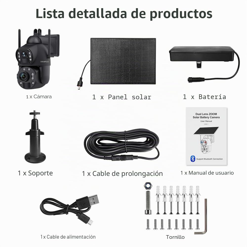 SHIWOJIA Cámara de vigilancia con Panel Solar de Tarjeta SIM, cámara de Zoom óptico 36X de 6 MP, detección Humana PIR Dual, Color de visión Nocturna, Lente Dual, IP67