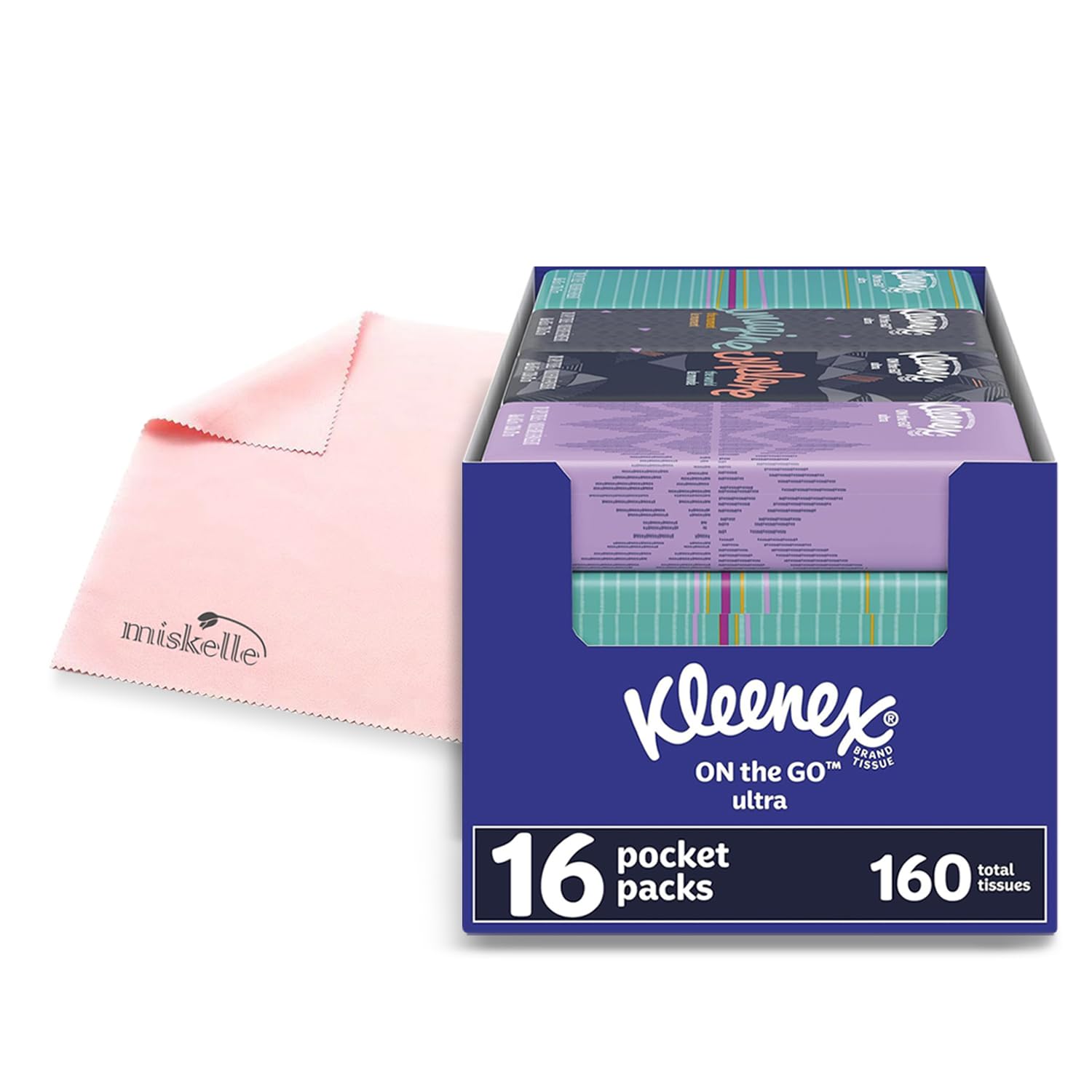 White Facial Tissue 16 Pocket Packs of 10 Kleenx Bonus Microfiber Cloth by Miskelle