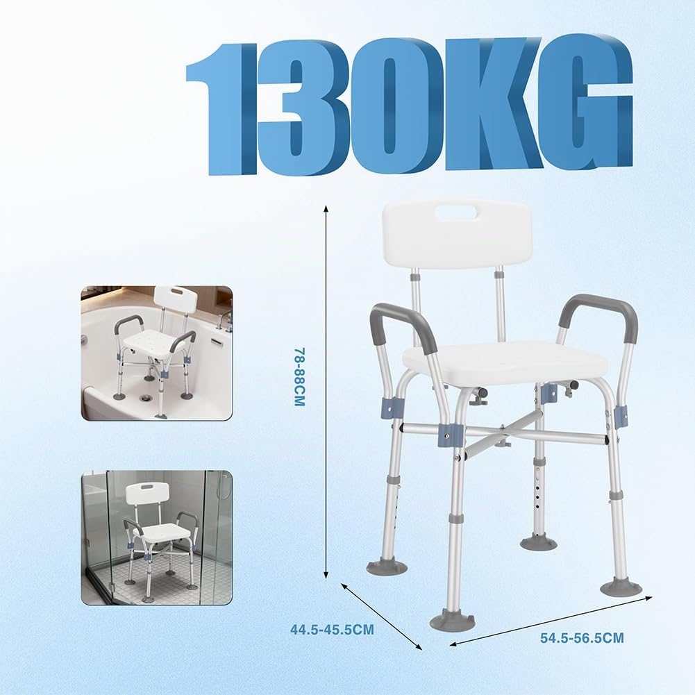 BAKAJI Sgabello da Doccia con Schienale e Braccioli, Struttura Alluminio e Seduta Ergonomica in HDPE, Sedile da Bagno per Anziani, Disabili e Persone con Mobilità Ridotta, Regolabile Altezza 78–88cm