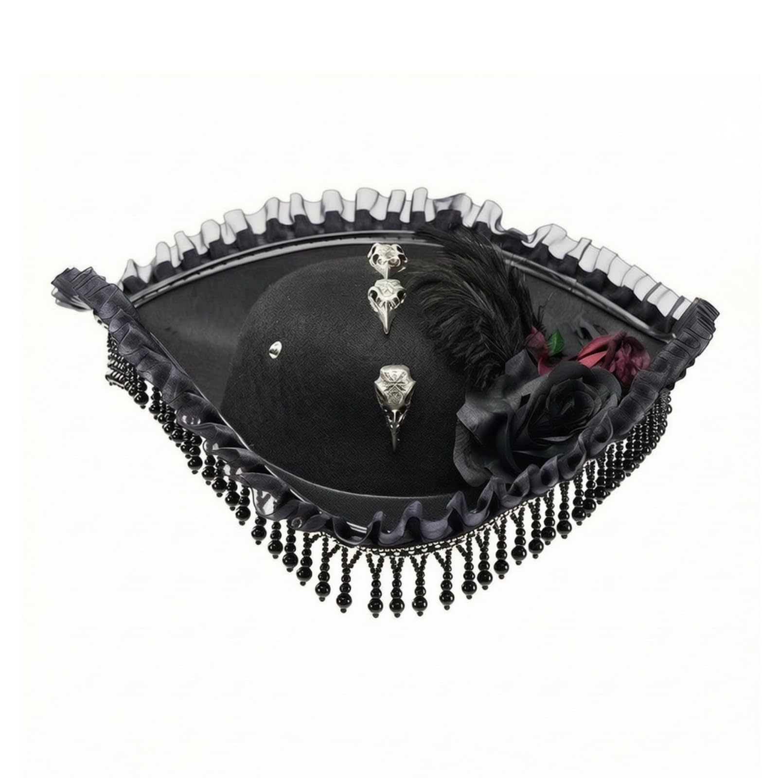 Cappello da Pirata con Teschio e Piume Strutturato Cappello da Pirata con Pennacchio Durevole a Tre Punte in Feltro per Carnevale