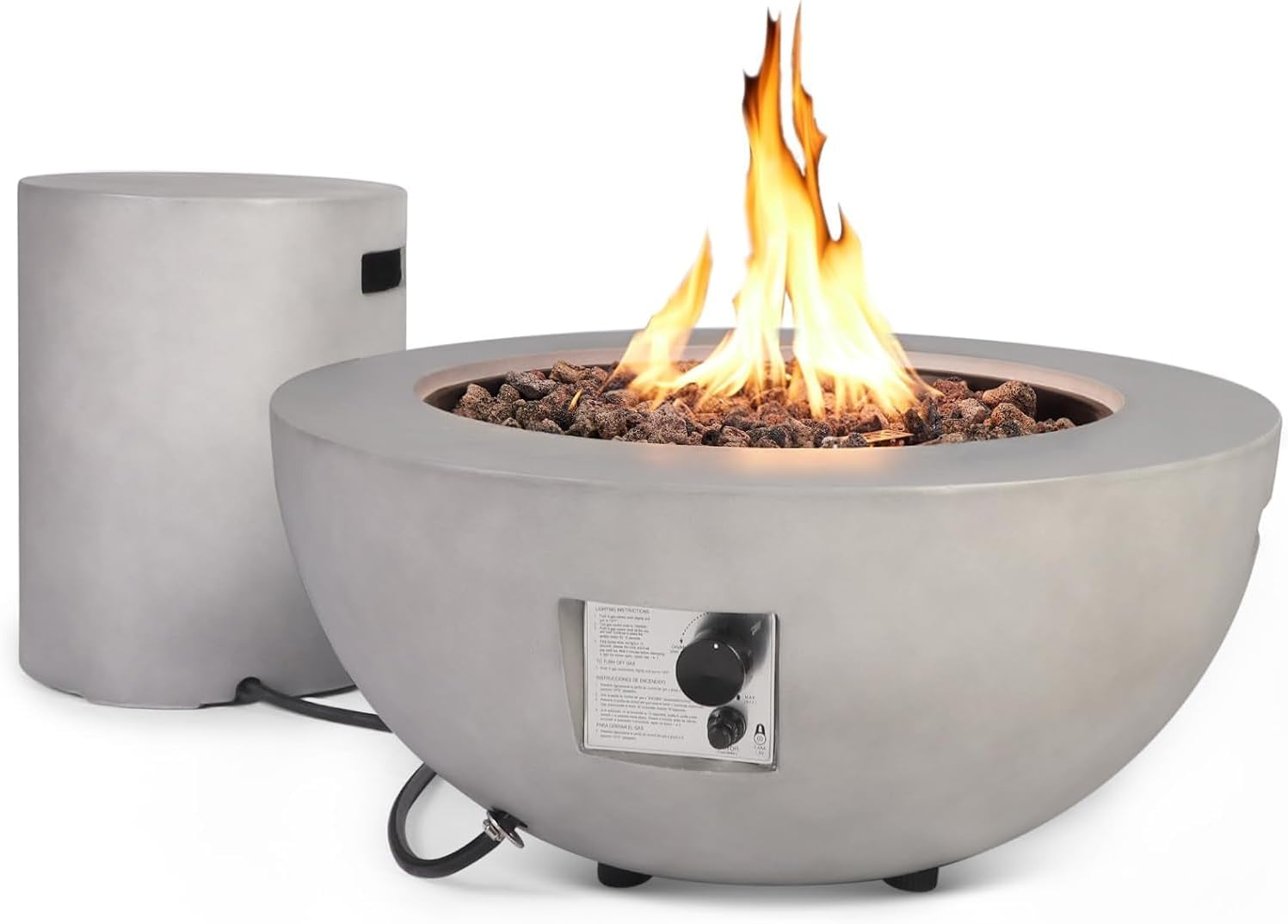 2-Piece Outdoor Propane Fire Pit Table Set w/Tank Cover Table, 31.5-inch 50,000 BTU Bowl Concrete Firepit SUS201 Round Burner with Steel Lid, Lava Rocks, Rain Cover, No Assembly, Grey