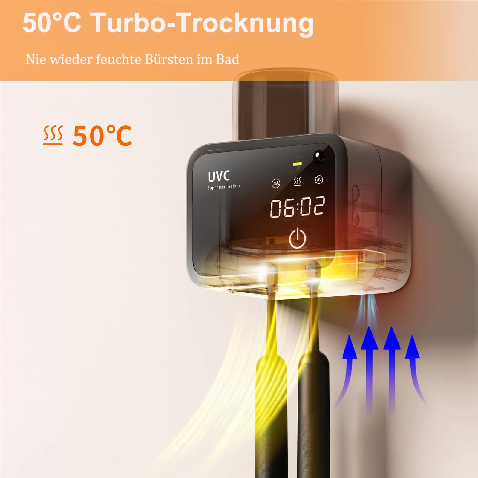 Maxspace Portaspazzolino 4000 mAh sensore portaspazzolino senza foratura, con funzione di asciugatura e timer, sterilizzatore UV con 2 fessure per spazzolino (nero)
