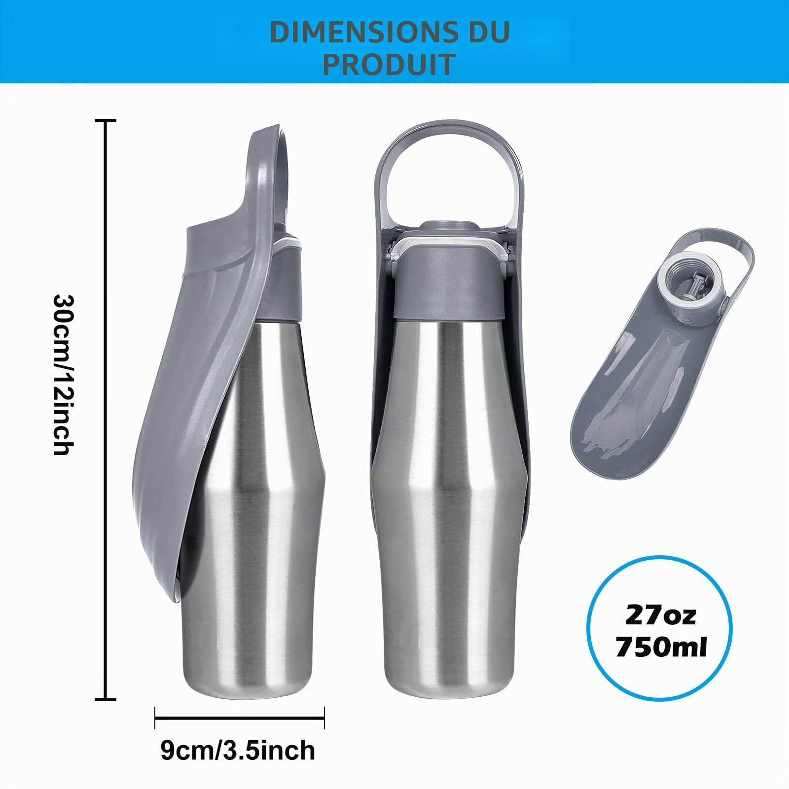 BYZESTY Gourde pour chien, 750 ml, pliable à 180°, portable, en acier inoxydable, gris, pour chien, extérieur