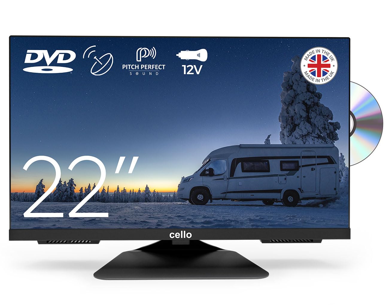 Cello C2224F Trav 22" Full HD DVD Camping Reise TV mit Rahmenlos Integrierter DVD-Player Triple Tuner (DVB-C/-S2/-T2) Pitch Perfect Sound Wohnmobil Wohnwagen LKW Boot [2024]