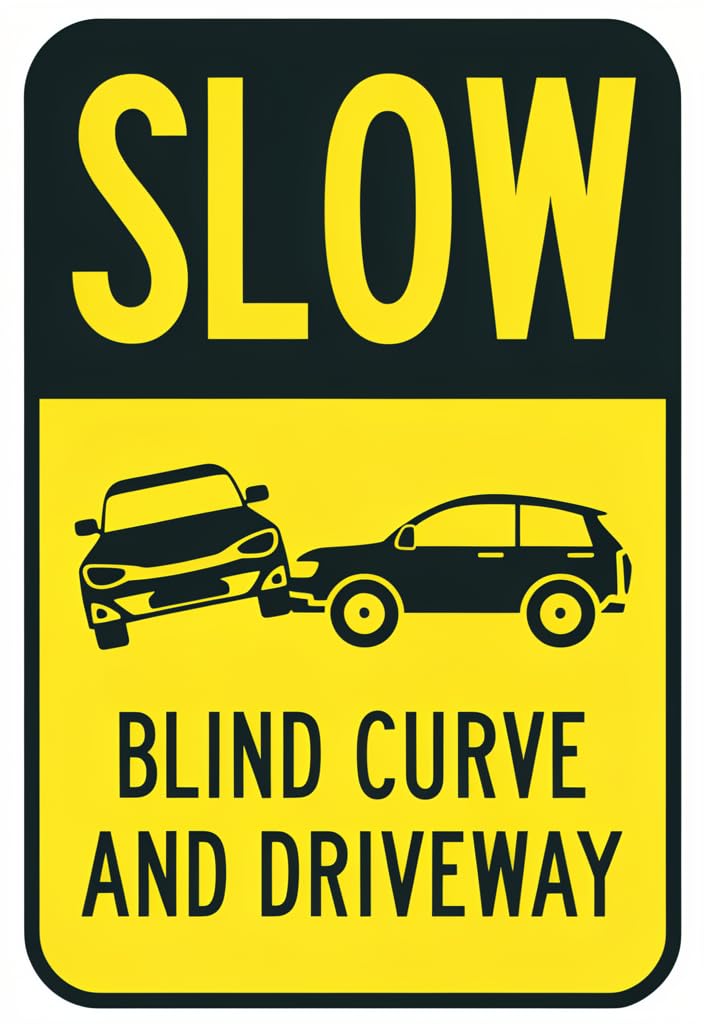 peiyeety SLOW Blind Curve and Driveway Tin Sign 12x8 Inch, Yellow & Black Safety Warning Metal Wall Decor, Rounded Corners with Bold Text, Garage Shop Driveway Home Decor Gift