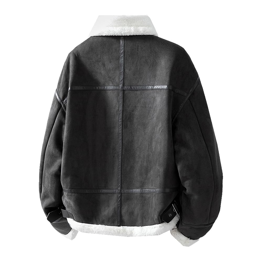 Teenager Faux Shearling Collar Cardigan Jacket Dark Gray/Caramel2