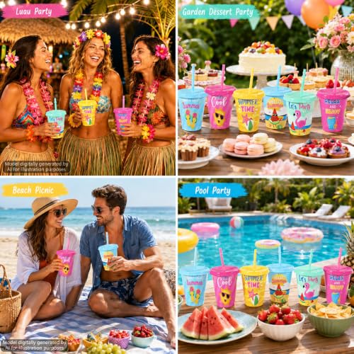 12 Set Summer Beach Pool Cups with Lids and Straws 16oz Reusable Hawaiian Luau Party Favors Tropical Vacation Drinkware Summer Plastic Tumbler Bulk for Beach Birthday Party Supplies Cold Drinks by Naozinebi - Used condition - Image 6
