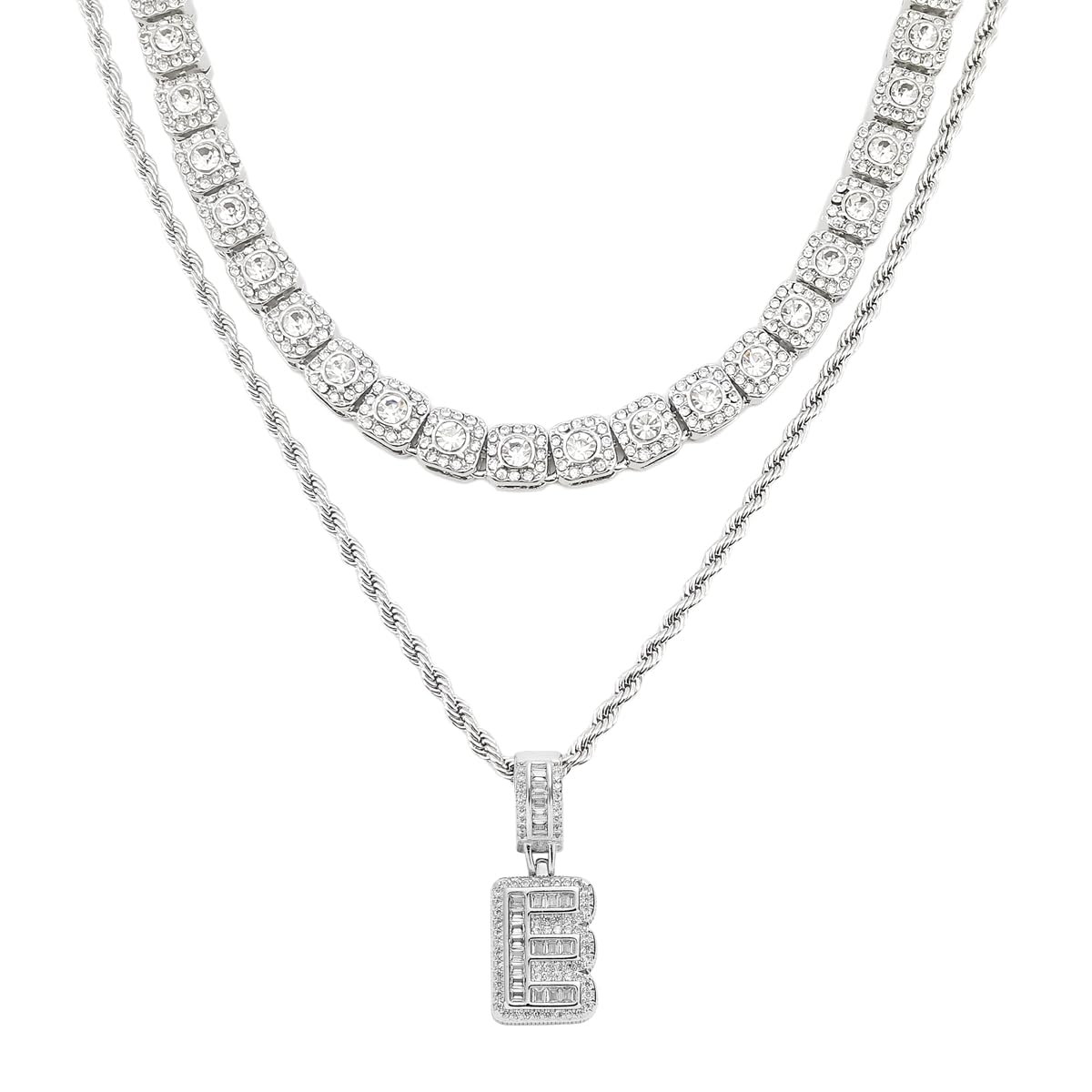 HH BLING EMPIRE Silver Iced Out Cubic Zirconia Diamond Initial Letter Pendant Chain Necklaces, A Pendant Rope and Baguette Tennis Chains | 2 Pcs