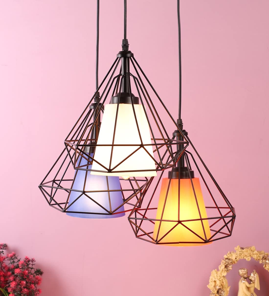 DarkVision Cluster of 3 Hanging Lights for Living Room, Hanging Lamps for Bedroom, Kitchen, Restaurant, Indoor Outdoor or Home Decoration, Metal Black (Diamond PVC Glass (Multicolor), Without Bulb) (B0BRB7JV4T) Amazon Price History, Amazon Price Tracker