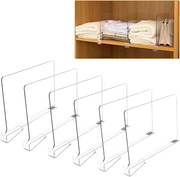 6Pcs Clear Acrylic Closet Shelf Dividers, Transparent Wardrobe Clothes Separator, Adjustable Vertical Clothing Organizer Shelves, Detachable Storage Rack for Cupboard, Bookcases,Bedroom,Kitchen,Office