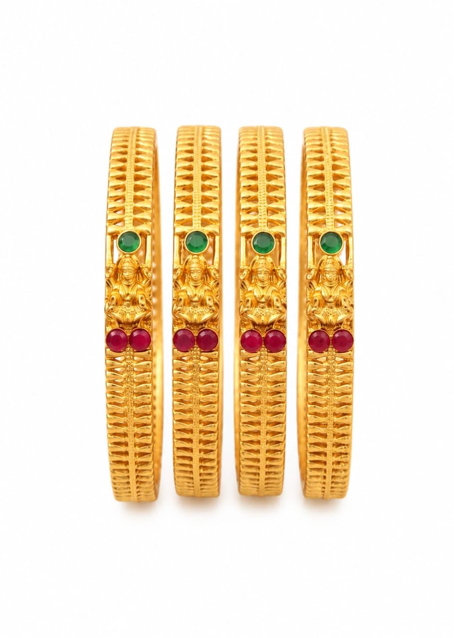 Antique Gold-Toned Temple Lakshmi Bangle Set with Ruby & Emerald Stones - Traditional South Indian Bridal Jewelry for Women (4pc)-picture-22