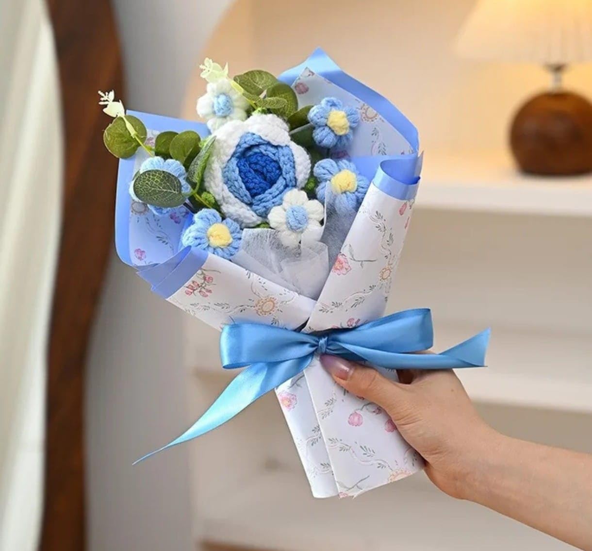 VRB Dec 1 Pcs Artificial Crochet Flower Bouquet/Artificial Flowers Bunch/Crochet Flowers/Crochet Flowers/Gift for Girls Home Decor,Gifting,etc. (Sky Blue Peony Rose with Daisy Bouquet)-image-21