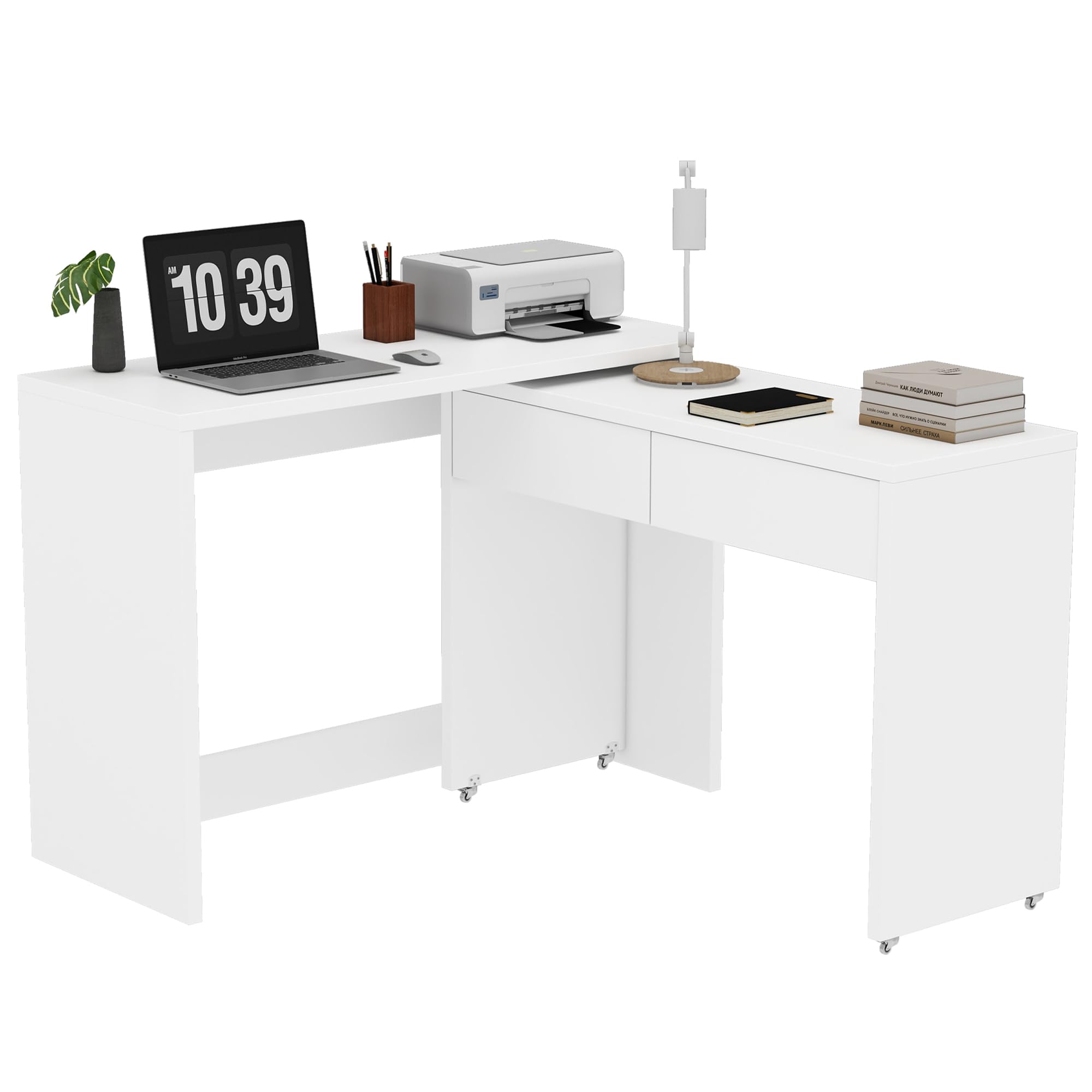 Escritorio plegable, escritorio con cajones, escritorio de esquina, aparador, escritorio de estantería, escritorio compacto 2 en 1, extensible, ruedas equipadas, 110 × 40 × 78 cm (blanco)