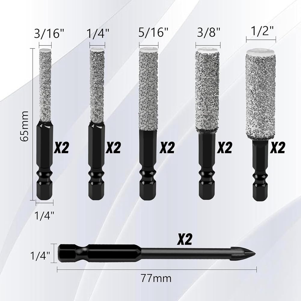 Ensemble de Forets à Diamant à Noyau en Cire Sèche 12PCS 35mm de Meulage Prolongée Brasée Tige Hexagonale 1/4"