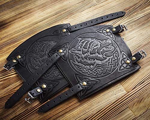 Hand Made Full Grain Leather Wolf Design Cuffs Bracers - Best Unique Christmas Gift for Men Larp Gauntlet - Leather Wristbands - LARP Accessories - Viking Bracers - Archery Armguard - Length 6"