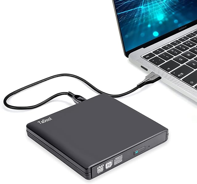 TaDool External CD DVD Drive, Slim Portable External CD Rewriter Burner Writer, Low Noise High Speed Data Transfer USB Optical Drive for Laptop/PC Desktop/Mac OS/Linux/Windows 11/10/8/7/XP