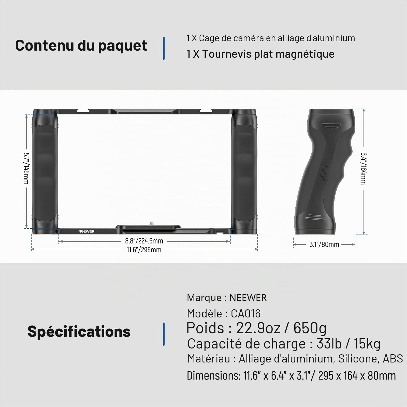 NEEWER Cage pour caméra vidéo avec Base Arca, Double poignées, Support Arri 3/8" et Filetage 1/4", stabilisateur Universel Compatible avec Les Barres de Base SmallRig NEEWER de 15 mm, CA016