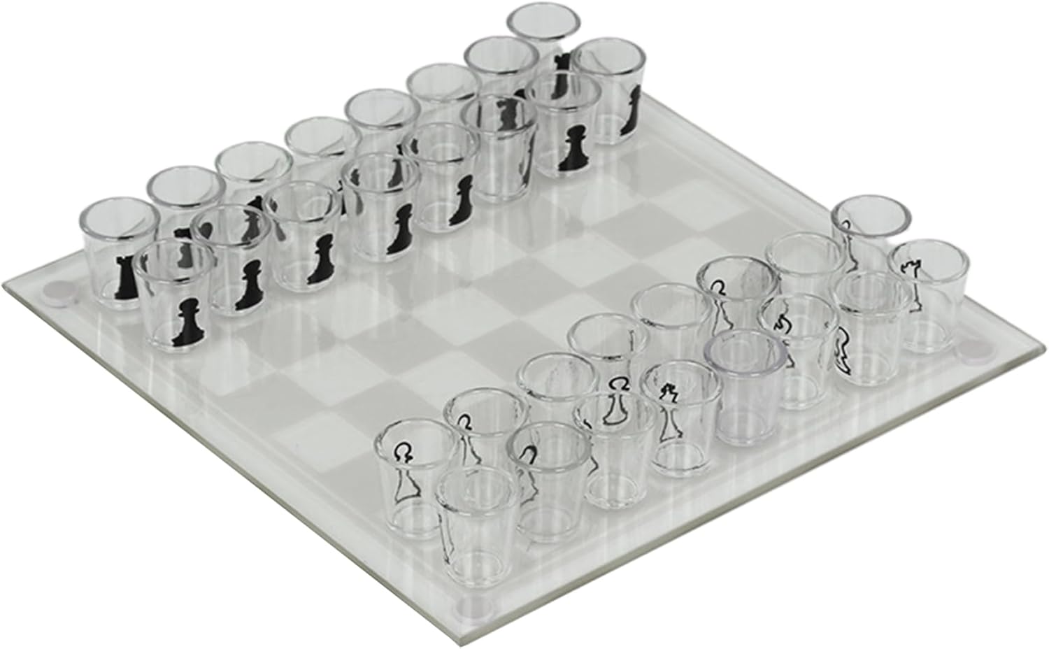 Juego de ajedrez de vidrio transparente, tablero de ajedrez de vidrio de 10 x 10 pulgadas con 32 piezas de tazas, juego de chupitos para beber,