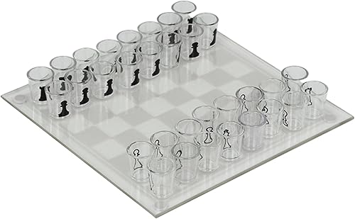 Juego de ajedrez de vidrio transparente, tablero de ajedrez de vidrio de 10 x 10 pulgadas con 32 piezas de tazas, juego de chupitos para beber,