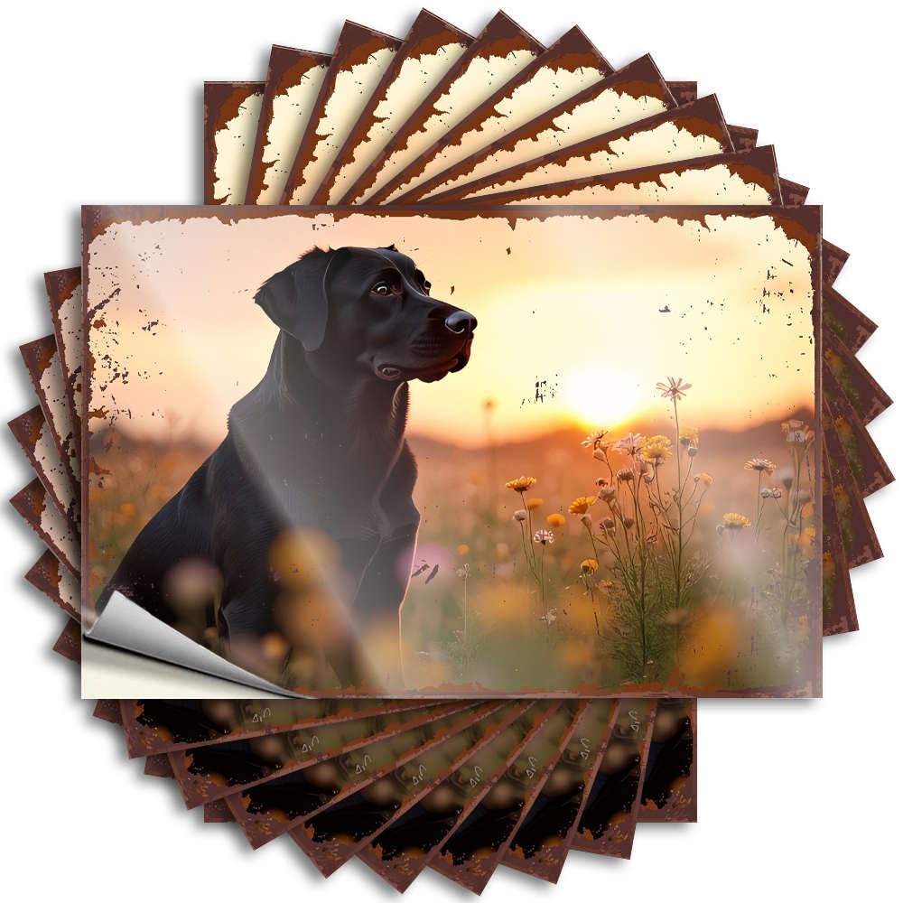 Outside Decor Sticker Helmet | A Black Dog Sits in A Field of Wildflowers At Sunset. Summer Tiki Sticker Pack(8X12CM)