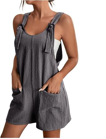 Women Plus Size Summer Casual Rompers Sleeveless Suspender Short Jumpsuits Bib Overalls Romper with Pockets