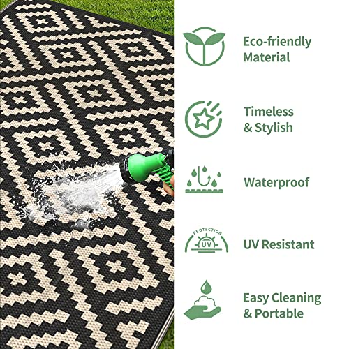 Image of GENIMO Outdoor Rug 4'x6' Waterproof, Reversible Camping Mat, Plastic Straw Rugs for Patio, RV, Camper, Balcony, Backyard, Picnic, Deck (Black & Beige) | Outside Larger Modern Carpet Mat for Porch Decor, Deck, Balcony, Camping, RV, Backyard, Picnic, Beach, Reversible, Foldable