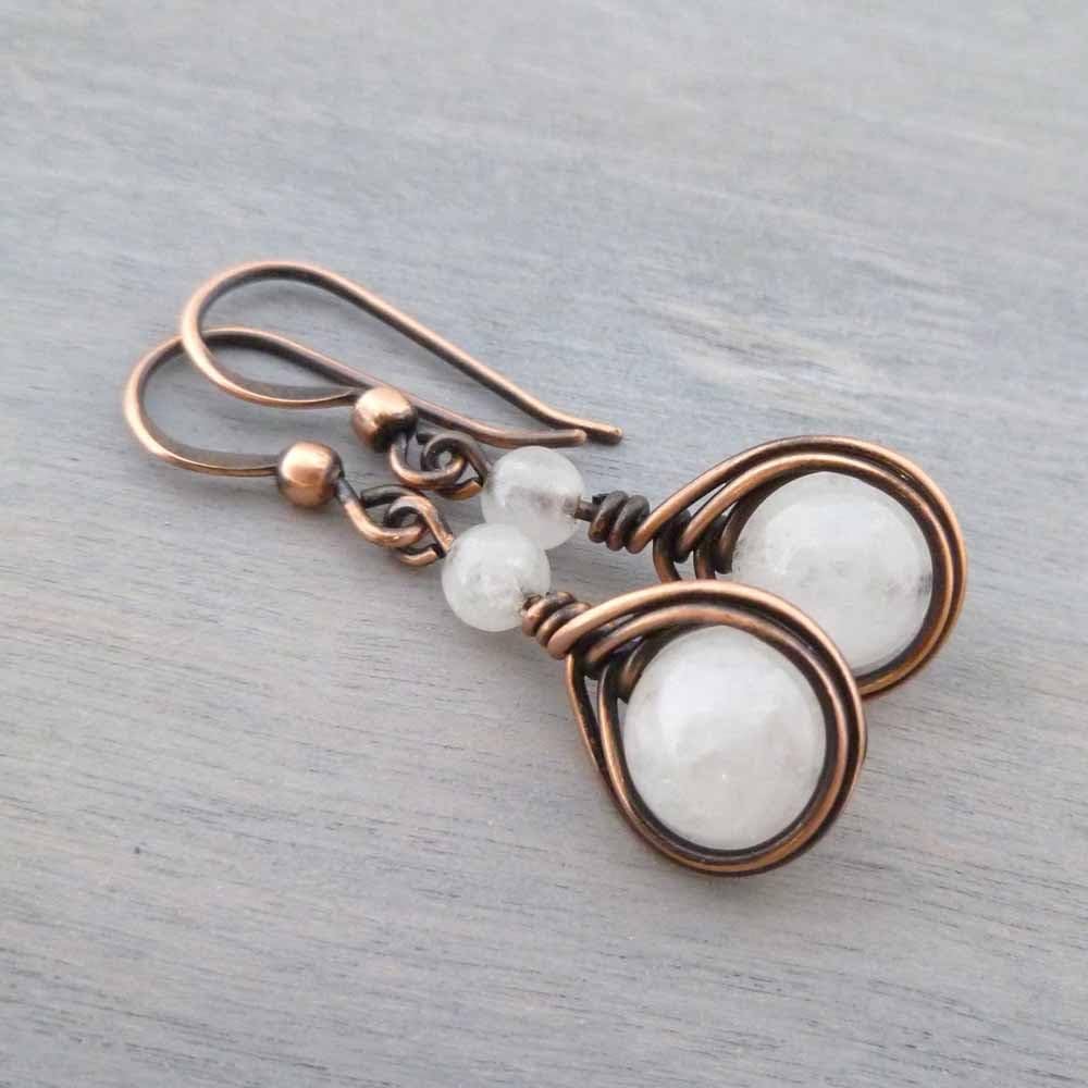 Pillar of Salt Studio Handcrafted Solid Copper Earrings with White Quartz Gemstone (Antiqued Copper, 1" drop)