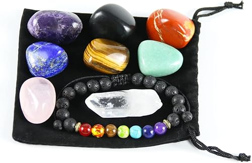 Piedras de chakras, juego de cristales de chakra con piedras de lava negra, 7 chakras, cristales curativos, cosas espirituales, cristales para