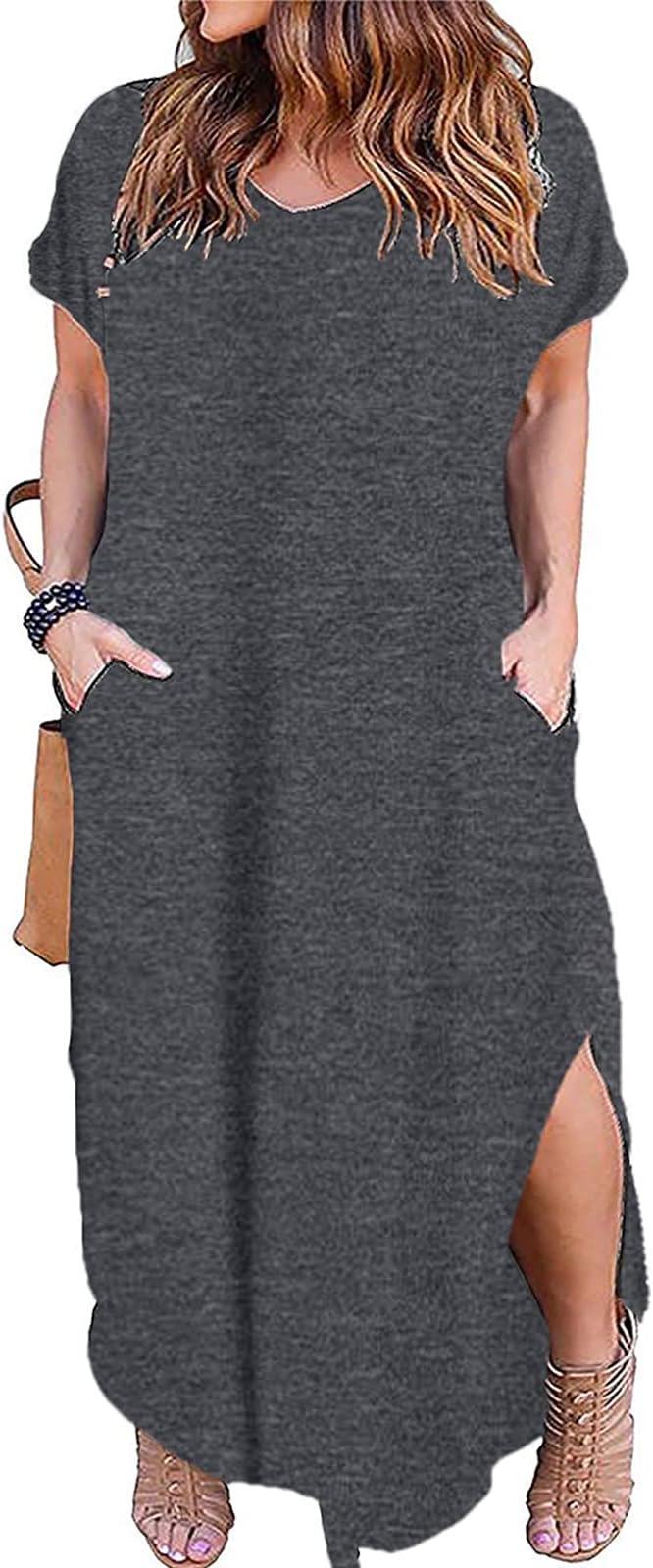 Women's Plus Size Dresses Summer Casual Loose Pocket Short Sleeve Slits Long Maxi Dress XL-5X