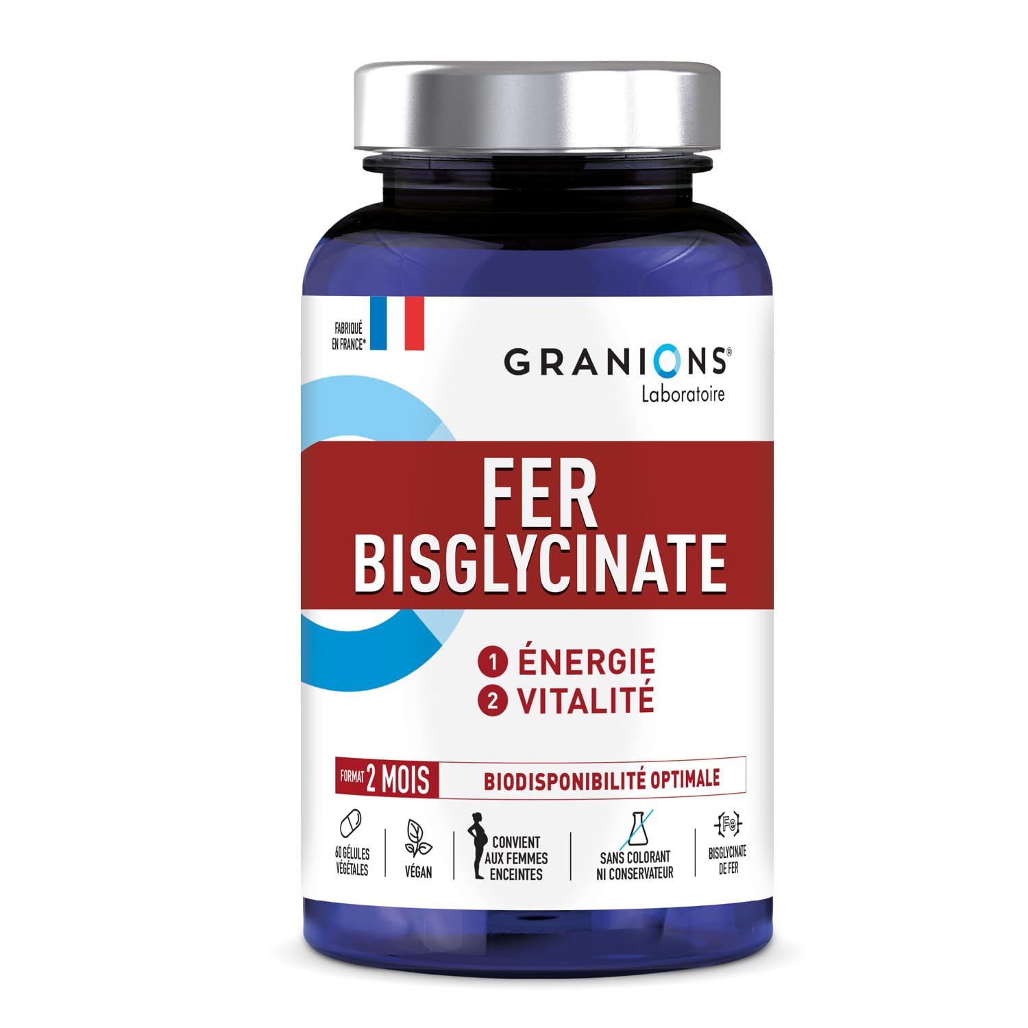 FER BISGLYCINATE 14 mg GRANIONS Immunité et Energie + Vitamines B – Bisglycinate de Fer – Fer Bisglycinate Biodisponibilité Optimale - Femmes Enceintes – 60 Gélules Format 2 Mois –Fabriqué en France