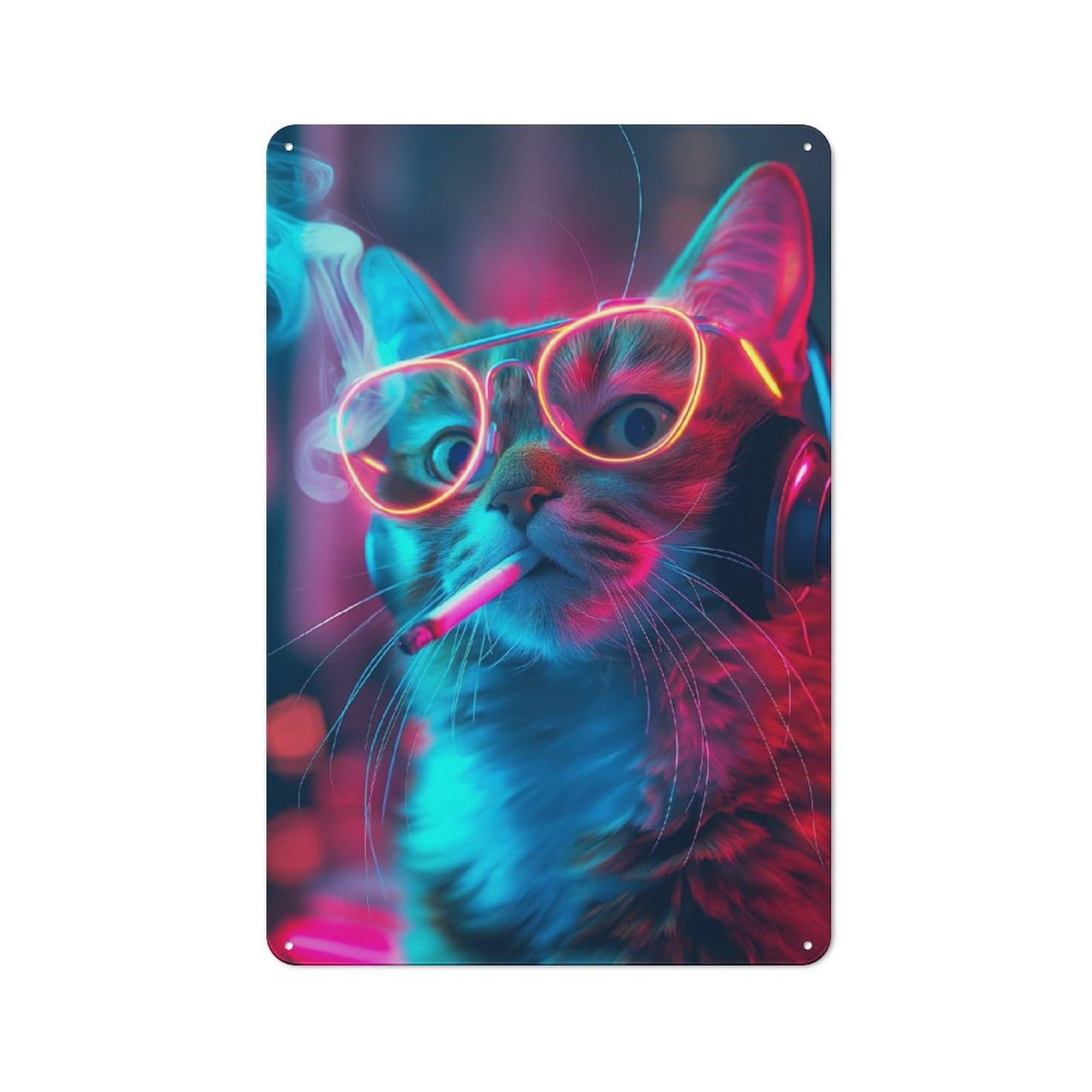 Junmoney Style-8 Cool Cat In Neon Lights Retro Metal Wall Decor 30X20cm, Retro Metal Sign For Garage, Hobby Room, Office Or Man Cave