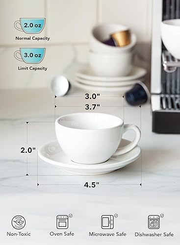 Miniatura 5 de LE TAUCI Demitasse Tazas de café de 3 onzas con platillos, taza de café Demitasse para shot, Lungo, Ristretto - 3 pulgadas, juego de 4, color blanco