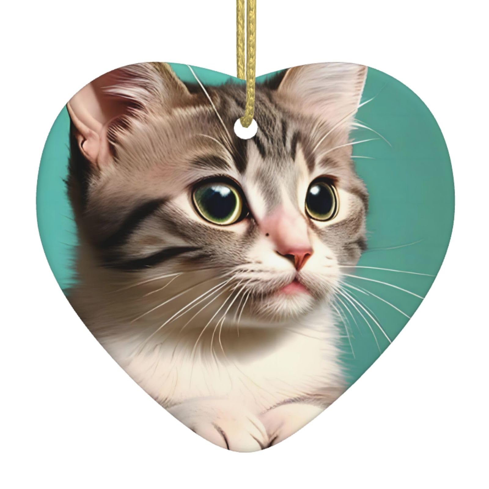 A Curious cat Ceramic Christmas Heart Pendant with Silk Thread, Christmas Tree Home Decoration
