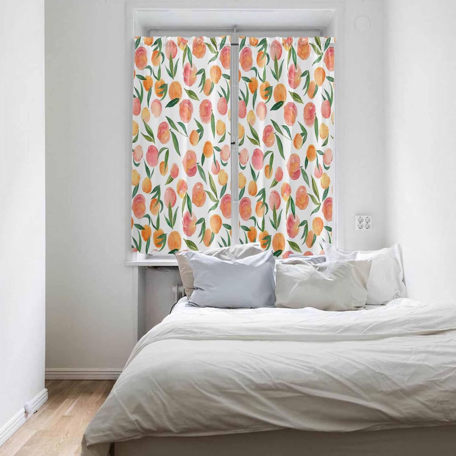 Libaoge Window Curtains 63in Length for Bedroom Living Room Fruit Pink Peach Leaf Flower White Rod Pocket Drapes Semi-Sheer Window Curtains for Bedroom Bathroom Patio Door Windows 2 Panels 42x63in