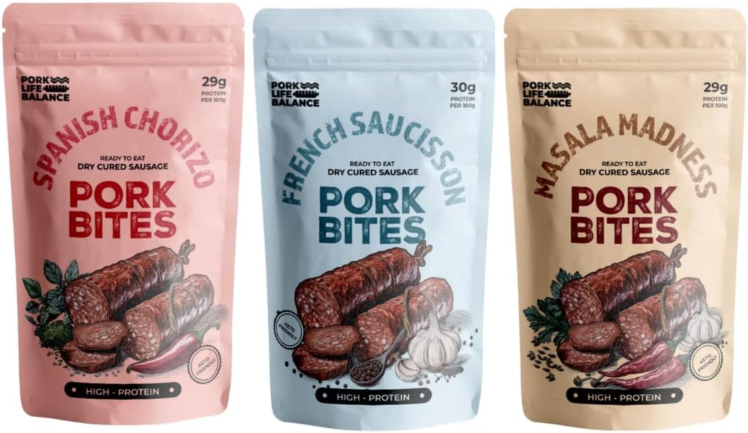 French Saucisson + Spanish Chorizo + Masala Madness (100 gms Each) - Ready To Eat Pure Dry Cured Pork Sausages, No Trans fat, Gluten & Soy-Free, Shelf-stable (Pack of 3)