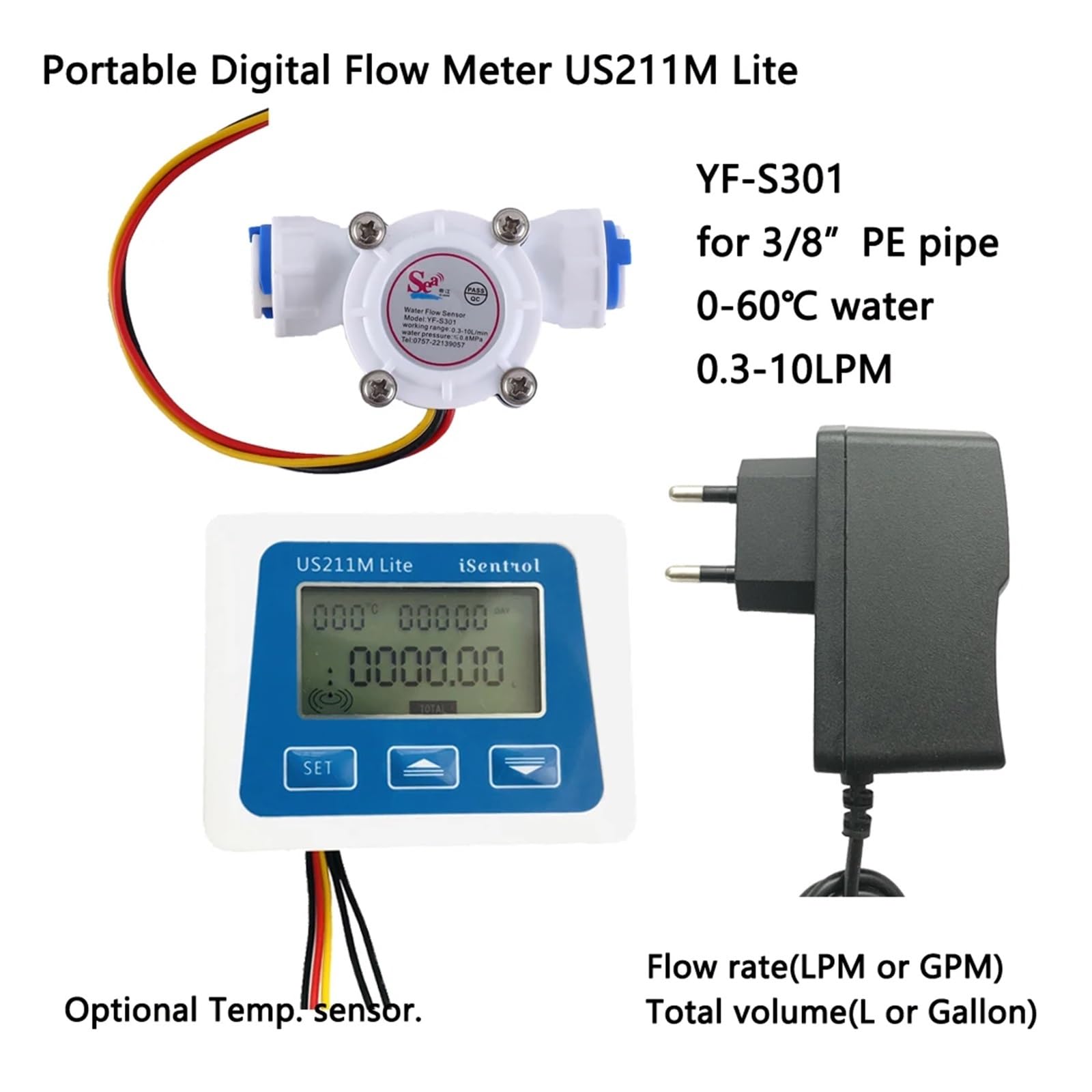 Medidor de caudal de agua, Medidor de flujo digital portátil y sensor de flujo de agua de turbina barato YF-S301 0.3-10LPM agua fría 60 grados,Medición de precisión(Whole set)
