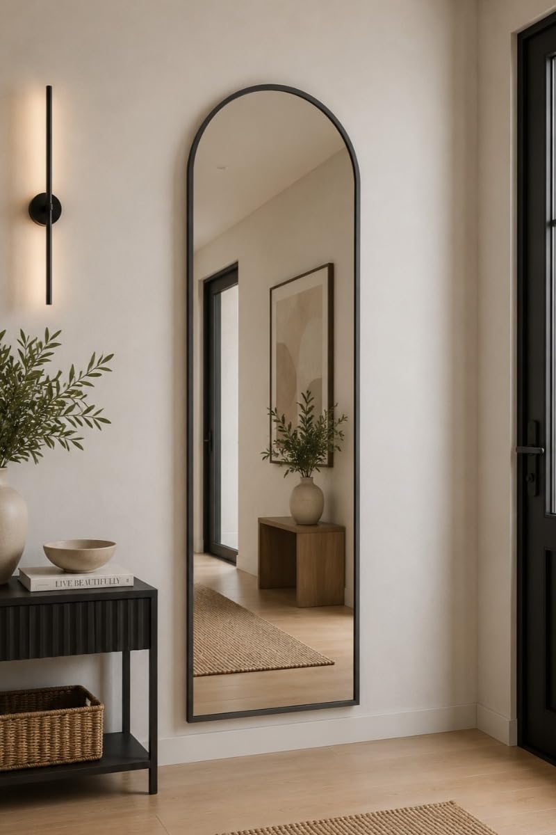 MirrorOutlet The Arcus - Black Framed Modern Full Length Arched Leaner/Wall Mirror 71" X 24" (180CM X 60CM) Silver Mirror Glass with Black All weather Backing