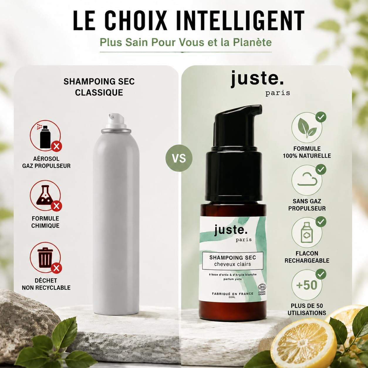 Pack champú seco polvo orgánico claro + recargas, 100 usos en total, absorbe el sebo, reda volumen y frescura – Fórmula natural sin aerosol – Perfume Yuzu