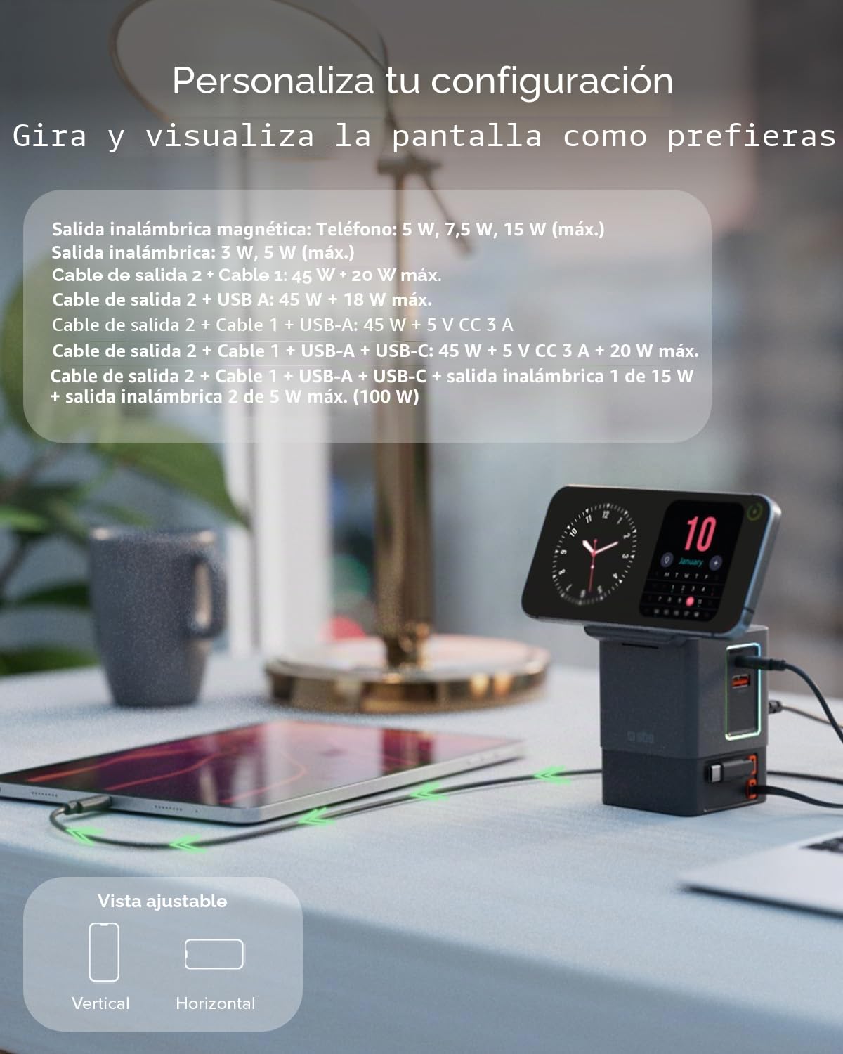 SBS Power Dock 6in1 100W USB-C, Carga Inalámbrica 15W, Compatible con MagSafe, Power Delivery (PD 3.0 PPS), Estación de Carga con 2 Cables Retráctiles, Adaptador para Portátil, iPhone, AirPods, Negro | Power Delivery (PD 3.0 PPS), estación de carga con 2